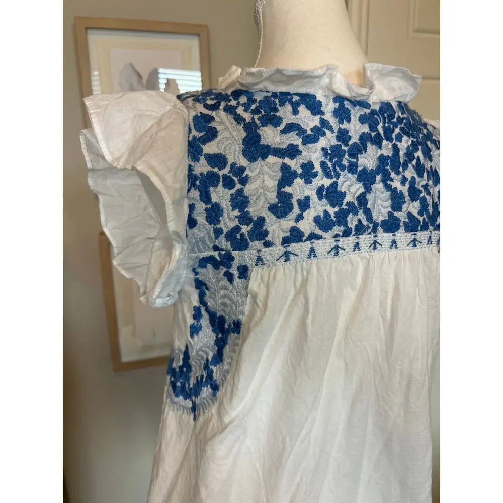 j. marie | White/Blue Embroidered Floral Ruffle Sleeve Peasant Top | SM - Picture 9 of 10